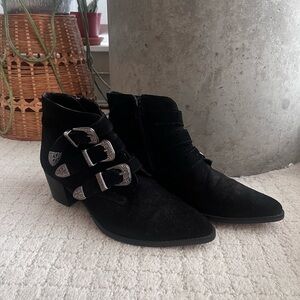 ASOS Black Heeled Suede Boots with Buckle Detail